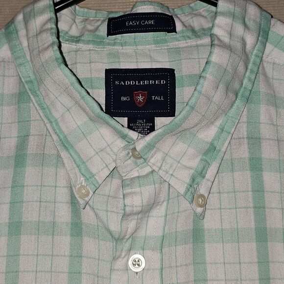 Saddlebred Big Tall Shirt Men 2X Button White Green Plaid Short Sleeve Fresh - Picture 7 of 7